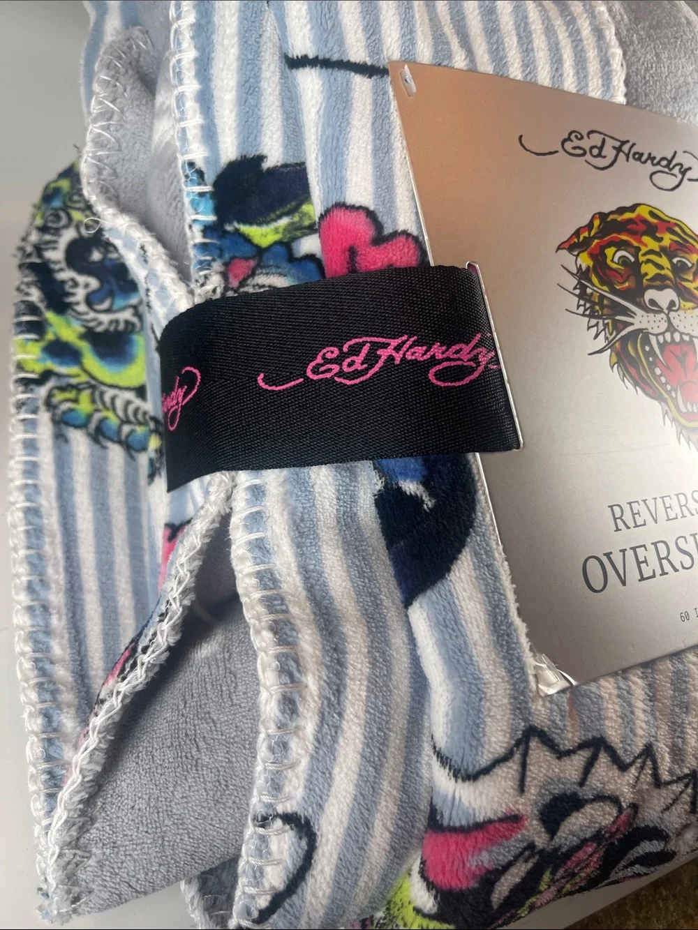 Ed Hardy Reversible Plush Oversized Throw Blanket 60x70 Tattoo Y2K NWT